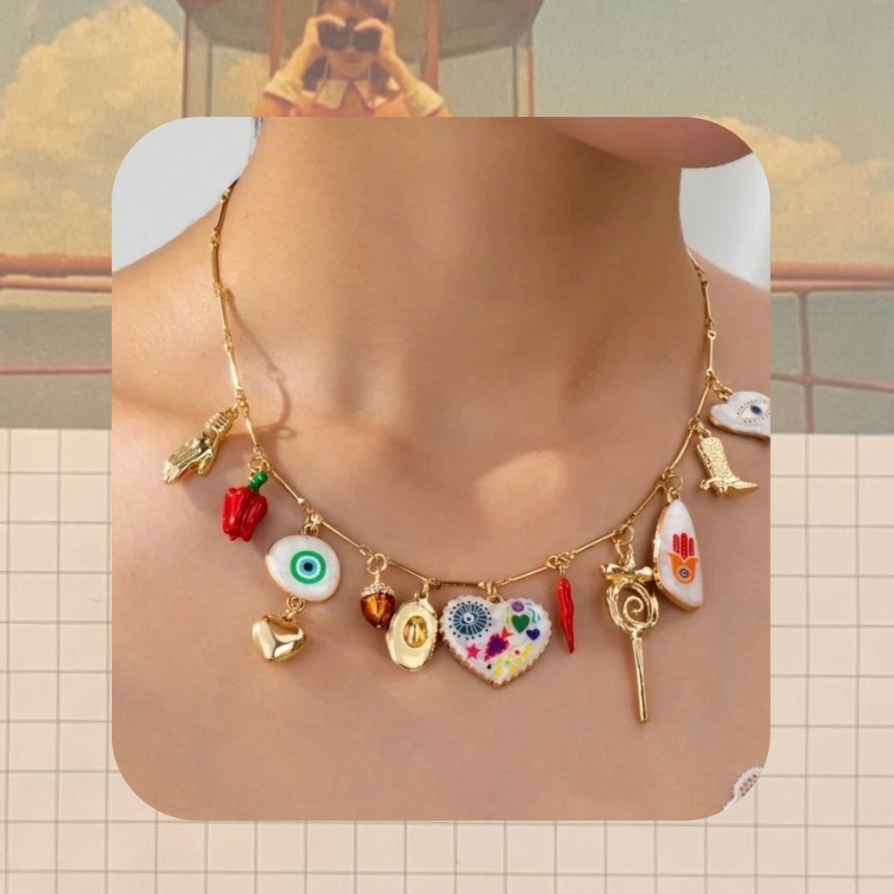 NWOT Evil Eye Gold Necklace with Multicolor Handpainted Heart Pepper Charms